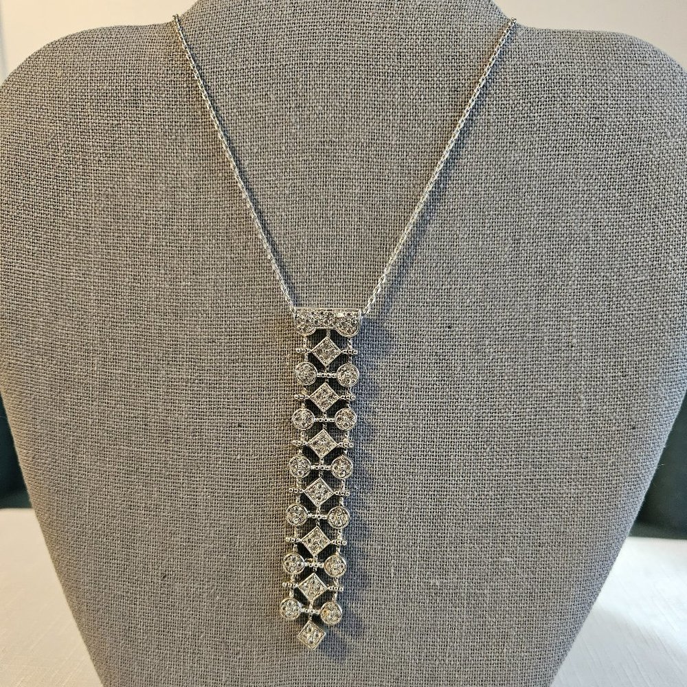 VINTAGE Elegant Silver Necktie Necklace Long linear vertical pendant Rhinestone